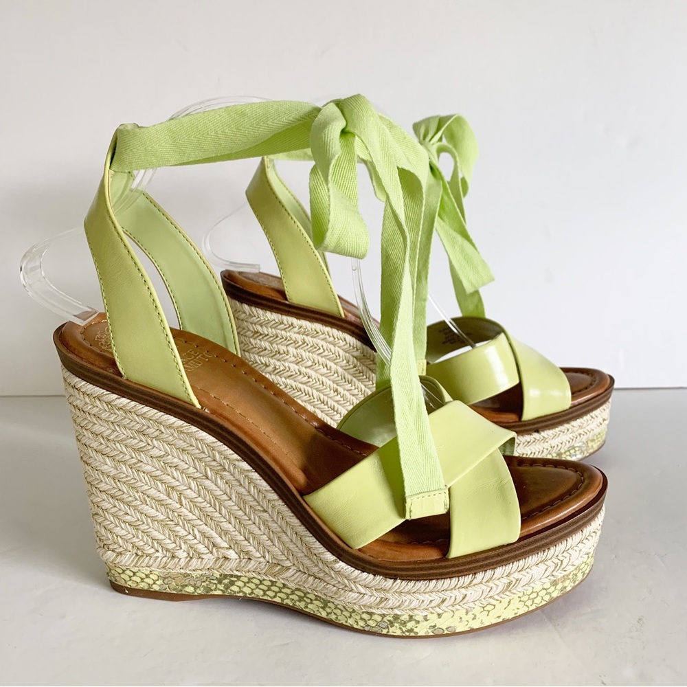 Vince Camuto Pharrah Green Leather Ankle Tie Espadrille Platform Wedge Sandals 9